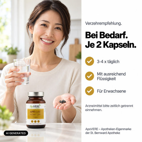 ApoVERE KOHLE 300 – Verzehrempfehlung: 3–4 x täglich je 2 Kapseln