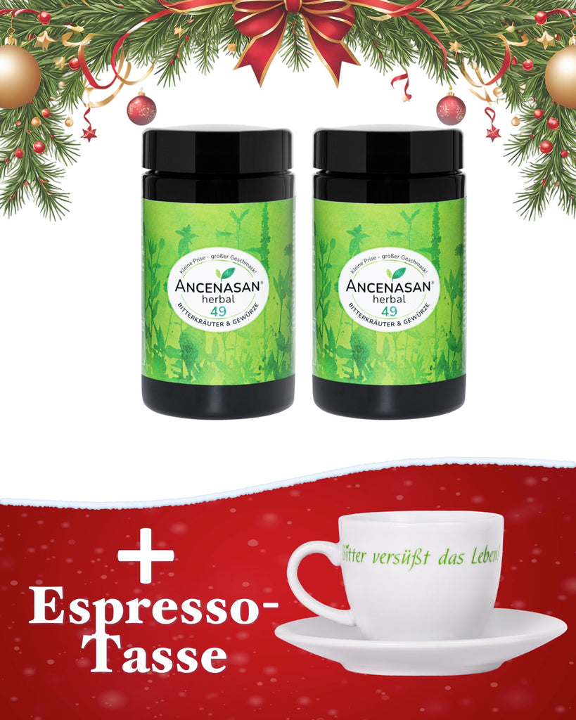 Kräuter-Esspresso Weihnachtsspezial XL: ANCENASAN® herbal 120g + 120g + Espresso-Tasse