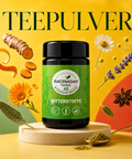 ANCENASAN® 49 Bitterkräuter-Teepulver – Dose umgeben von Kräutern und Gewürzen