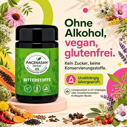 ANCENASAN® 49 Bitterkräuter-Teepulver – ohne Alkohol, vegan, glutenfrei, unabhängig laborgeprüft