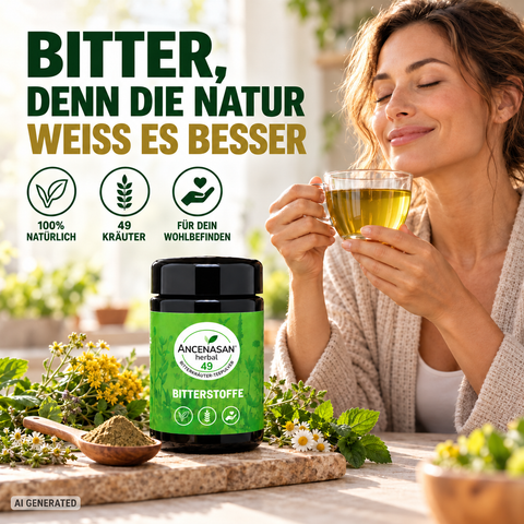 ANCENASAN® 49 Bitterkräuter-Teepulver – Frau mit Teetasse im Freien