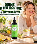 ANCENASAN® 49 Bitterkräuter-Konzentrat – Frau mit Glas Wasser am Tisch