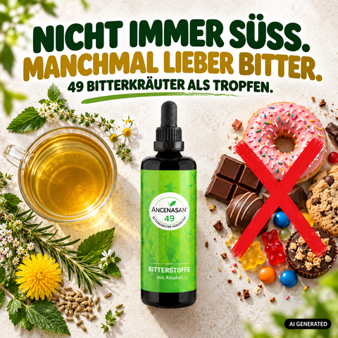 ANCENASAN® 49 Bitterkräuter-Konzentrat – Flasche mit Gebäck, Flatlay