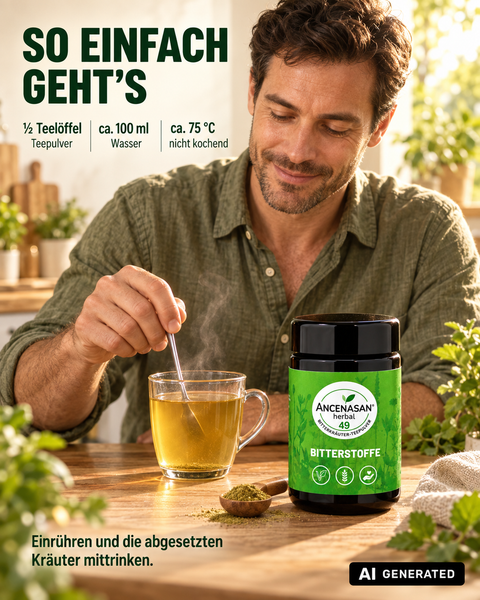 ANCENASAN® 49 Bitterkräuter-Teepulver – Zubereitung: ½ Teelöffel auf 100 ml Wasser, ca. 75 °C