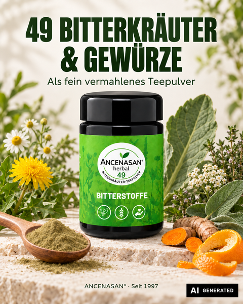 ANCENASAN® 49 Bitterkräuter-Teepulver – 49 Bitterkräuter und Gewürze, fein vermahlen