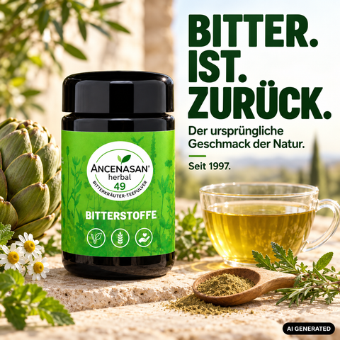 ANCENASAN® 49 Bitterkräuter-Teepulver – Dose mit Artischocke und Tasse Tee