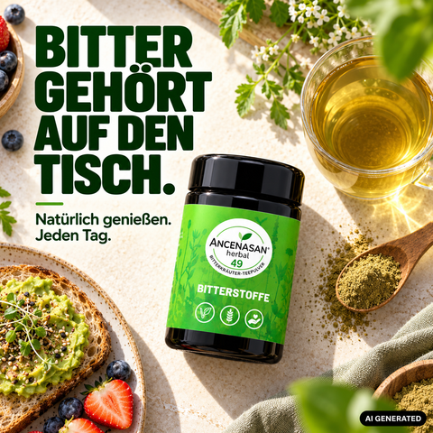 ANCENASAN® 49 Bitterkräuter-Teepulver – gedeckter Tisch mit Tee und Gebäck