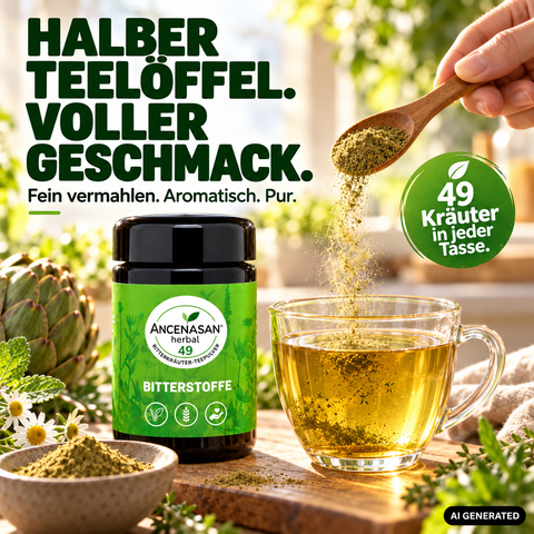 ANCENASAN® 49 Bitterkräuter-Teepulver – Teelöffel Pulver, 49 Kräuter in jeder Tasse