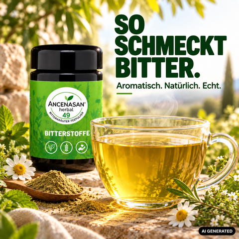 ANCENASAN® 49 Bitterkräuter-Teepulver – Dose mit Tasse Tee und Kamille