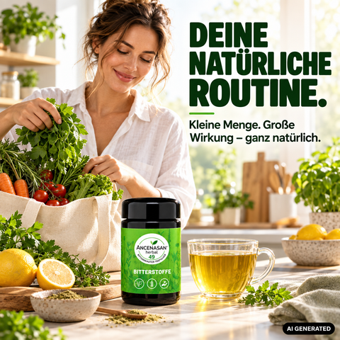 ANCENASAN® 49 Bitterkräuter-Teepulver – Frau mit Einkaufskorb und frischen Kräutern