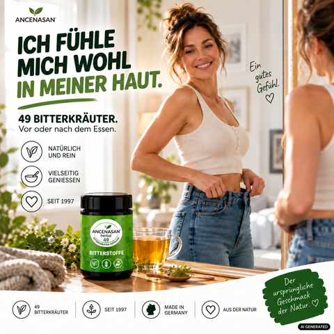 ANCENASAN® 49 Bitterkräuter-Teepulver – Frau mit Teetasse zu Hause