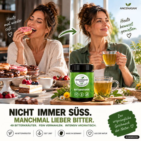 ANCENASAN® 49 Bitterkräuter-Teepulver – Frau mit Tee am gedeckten Tisch