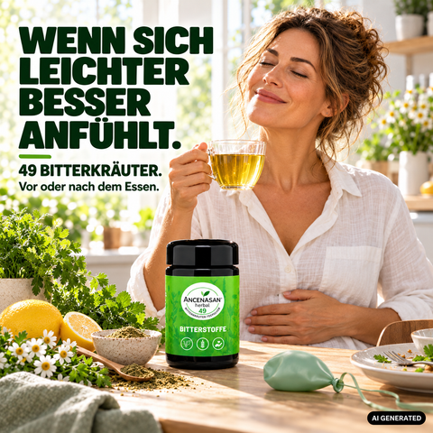ANCENASAN® 49 Bitterkräuter-Teepulver – Frau mit Teetasse am Küchentisch