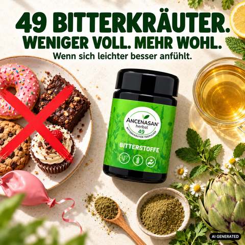 ANCENASAN® 49 Bitterkräuter-Teepulver – Dose mit Teepulver, Flatlay mit Gebäck