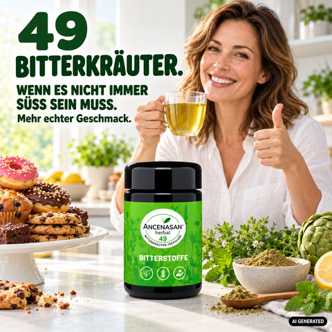 ANCENASAN® 49 Bitterkräuter-Teepulver – Frau mit Dose und Tasse Tee
