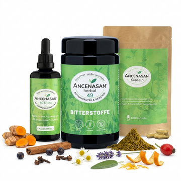 Bitterstoff-Kur Premium von ANCENASAN — 49 Bitterkräuter Komplett-Paket mit Teepulver, Kapseln und Konzentrat ULTRA