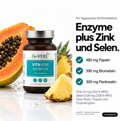 VITAVERE WOBPLEX Produkt Stillleben Enzyme Zink Selen (KI-generiertes Bild)