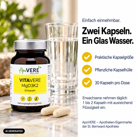 VITAVERE MgD3K2 Produkt Zwei Kapseln Glas Wasser (KI-generiertes Bild)