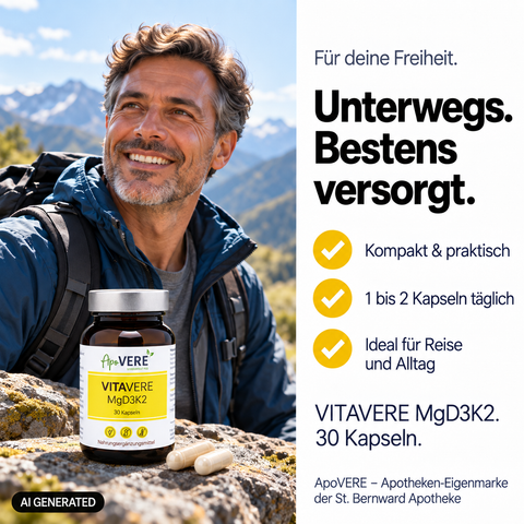 VITAVERE MgD3K2 Person Unterwegs Bestens Versorgt (KI-generiertes Bild)